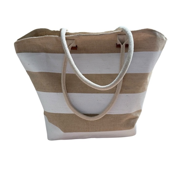 NWOT Striped Tan and White Tote Bag - Picture 2 of 8